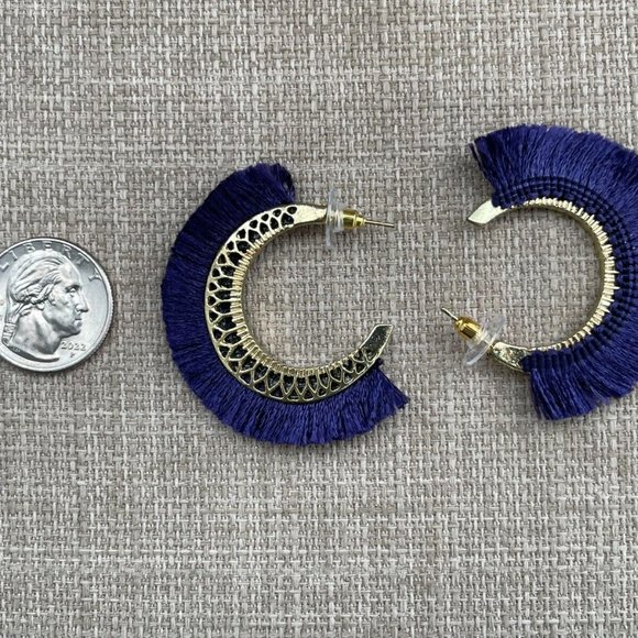 AREA Jewelry Earrings Gold Tone hoops Post Purple Fringe Fabric - Picture 10 of 12